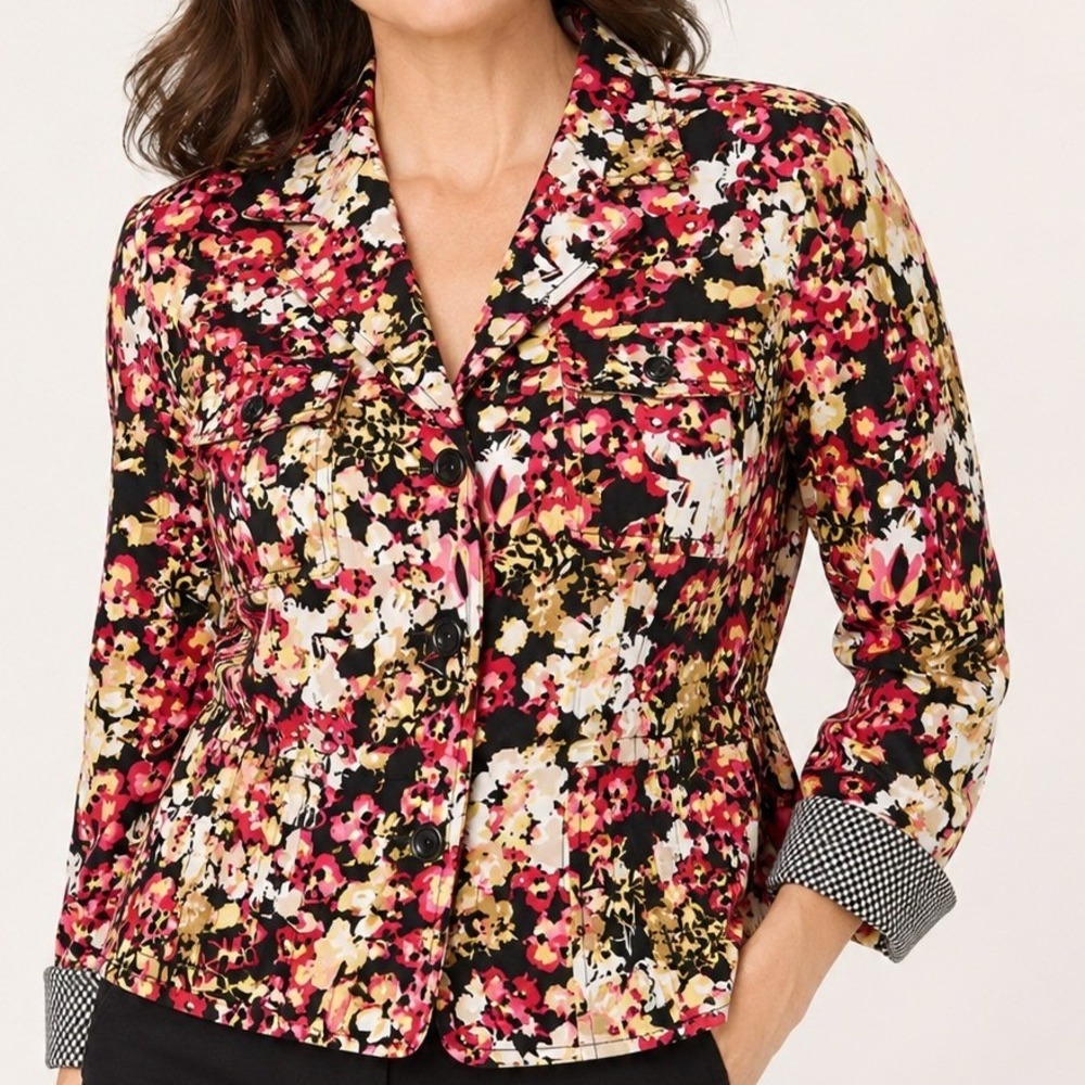 CJ Banks Floral Utility Jacket Blazer Womens Artsy Careercore Bold Print Cotton